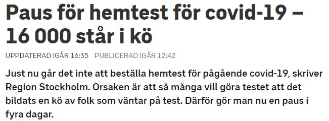 Skärmdump från SVT nyhetsartikel om paus för covid-19 hemtest med text som nämner 16 000 personer i kö.
