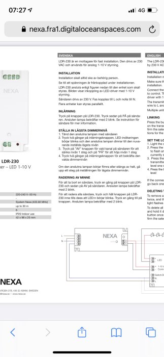 Skärmdump av Nexa LDR-230 dimmer manual med installationsinstruktioner och kopplingsschema.