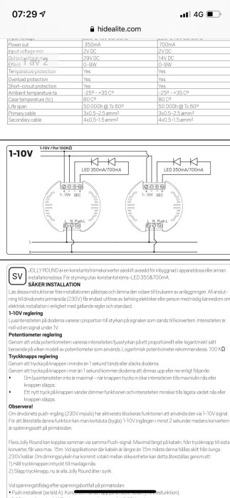 Tekniskt diagram och instruktioner för installation av Jolly Round LED-konstantströmsomvandlare med potentiometer och tryckknappsreglering.
