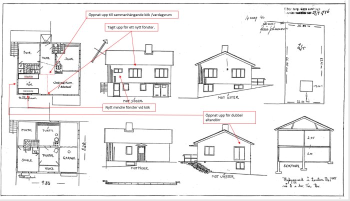 Handritade arkitektoniska ritningar av hus med anteckningar om planerad renovering, inklusive nya fönster och altandörrar.