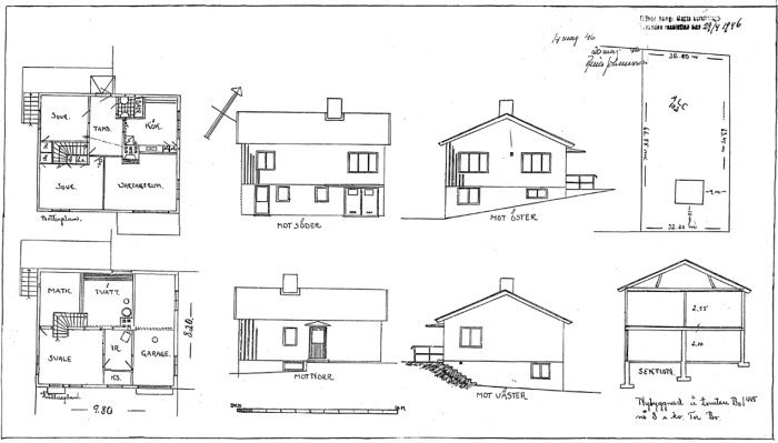 Handritade arkitektoniska ritningar av ett hus från 1945-1946 med planlösningar och fasadvyer.