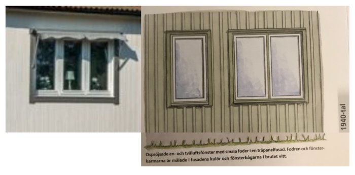 Två bilder, en visar ett befintligt fönster på ett hus, den andra är en ritning av tänkt fönsterdesign med smala foder på träpanel.