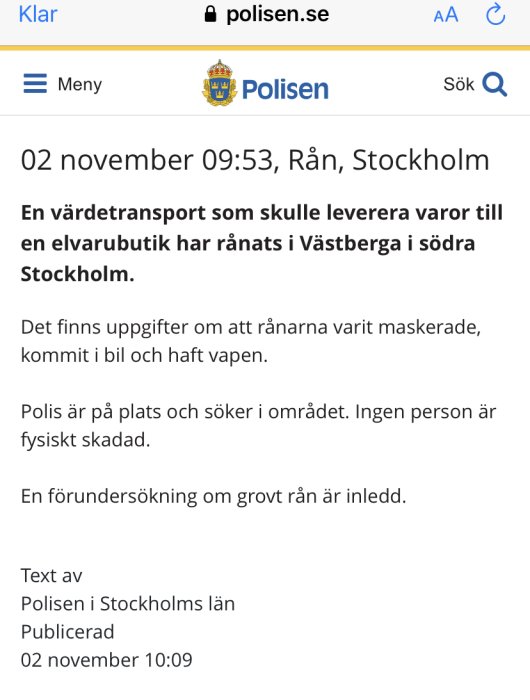 Skärmdump från Polisen.se om ett rån av värdetransport i Västberga, Stockholm.