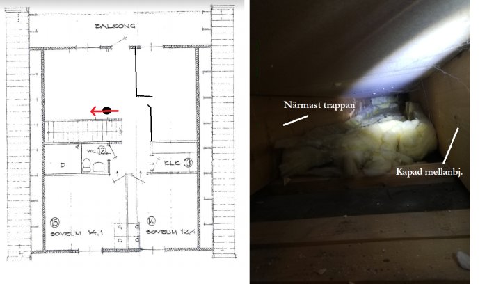 Bild av mörkt, trångt mellanrum mellan bjälkar med kamera och ficklampsljus, synlig isolering, utan avväxlingar.