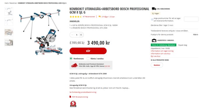 Bosch gersåg och arbetsbord i kombipaket med priset 3490 kronor på Bauhaus hemsida.