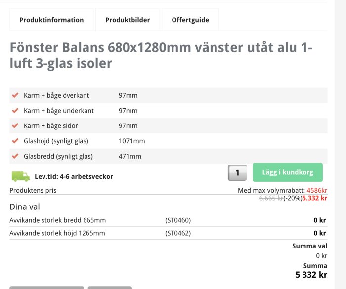 Skärmdump av webbsida för beställning av "Fönster Balans" med produktinformation, priser och måttanpassningsalternativ.