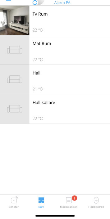 Skärmavbild av smart hem-app med temperaturvisning för olika rum.