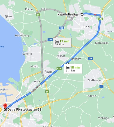 Karta som visar två olika rutter från Lund till Malmö, en via E22 och en via väg 103 och E6.