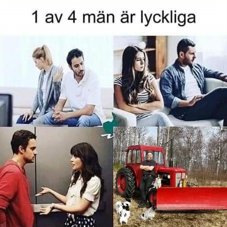 Kollage av fyra bilder som visar olika par och en man på en traktor; text "1 av 4 män är lyckliga".