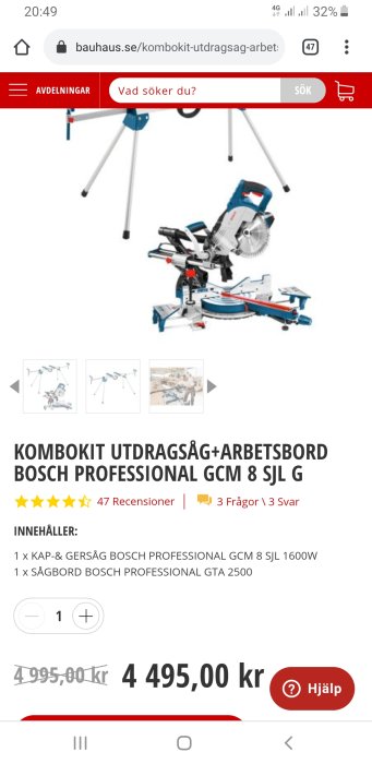 Skärmdump av en e-handelsproduktssida som visar en Bosch Professional GCM 8 SJL kap- och geringssåg med ett arbetsbord.