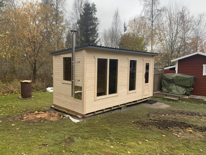 Nyinstallerad bastu på trädgårdstomt med skorsten och leriga hjulspår i gräset.