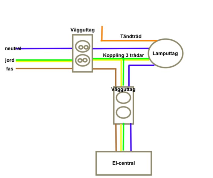 Schematisk bild av eluttag och lamputtag kopplade till skyddsledare och el-central med märkta ledningar.