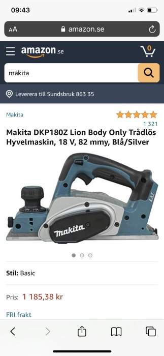 Screenshot från Amazon med en Makita DKP180Z trådlös hyvelmaskin, blå och silver, pris 1 185,38 kr och fri frakt.