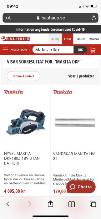 Skärmdump från Bauhaus webbsida som visar Makita elhyvel och vändskär med priser.