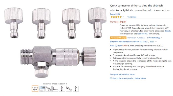 Skärmdump av en online-produkt på Amazon som visar en snabbkoppling för luftslang med fyra anslutningar, listad för €9.09.