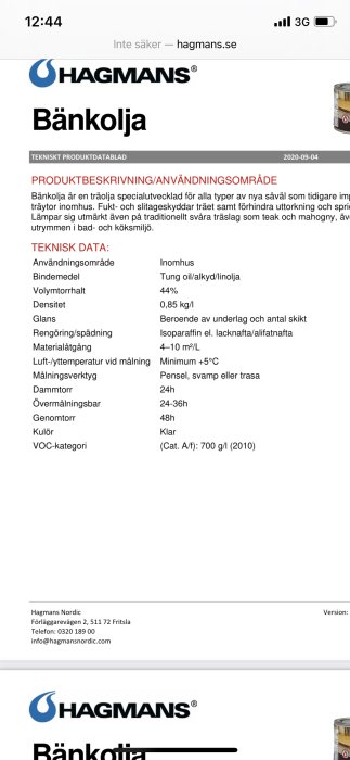 Skärmklipp av tekniskt datablad för Hagmans Bänkolja på en webbsida, detaljer om användning och specifikationer.