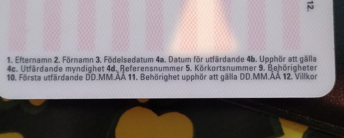 Närbild på ett dokument som listar informationstyper som efternamn, födelsedatum och utfärdandemyndighet.