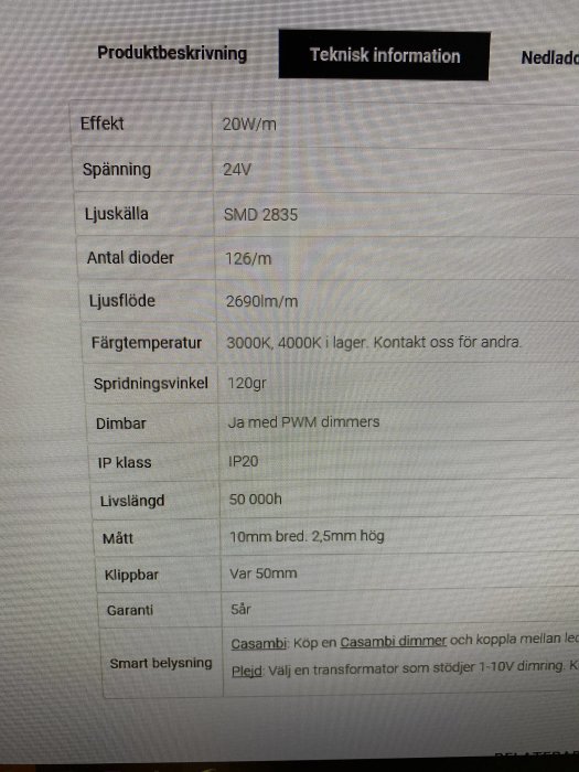 Skärmbild av teknisk information om en LED-strip, inklusive effekt, ljusflöde och färgtemperatur.