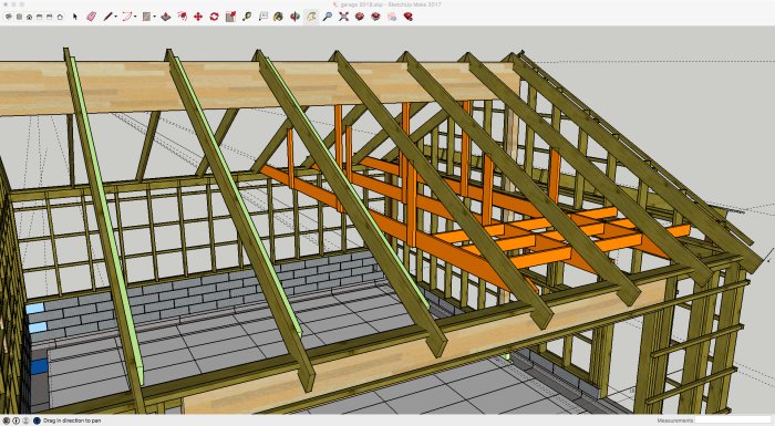 3D-modell av en verkstadsinredning med orange loftkonstruktion och gröna förstärkta takåsar.