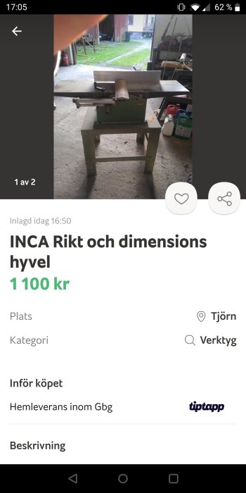 INCA riktplanhyvel för salu placerad i en verkstadslokal, med diverse flaskor i bakgrunden.