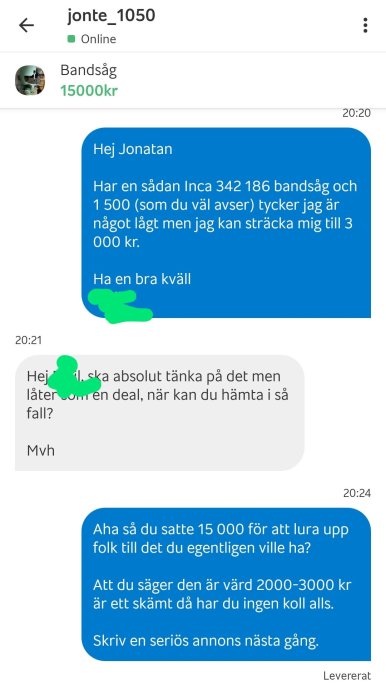 Skärmdump av en textkonversation om prissättning av en bandsåg.