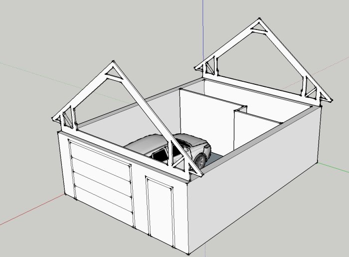 3D-skiss av ett garage med ett loft och en bil parkerad inuti.