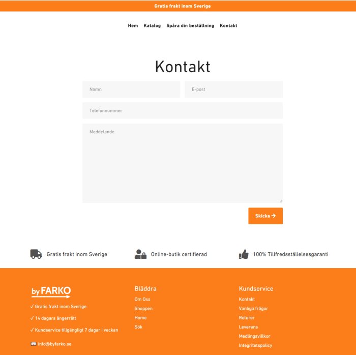 Skärmdump av en enkel och sparsmakad kontaktsida på en webshop med tomma fält för namn, e-post, telefon och meddelande.