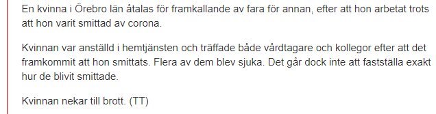 Skärmdump av nyhetsartikel om kvinna från Örebro som arbetat trots smitta.