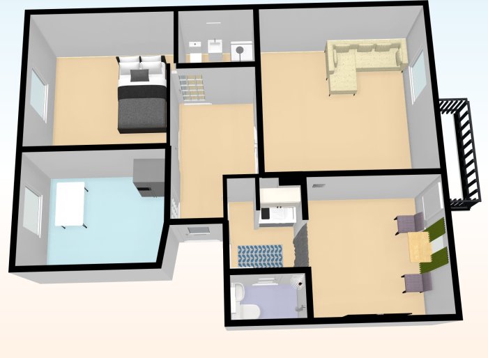 3D-planritning av en lägenhet som visar sovrum, vardagsrum, kök, badrum och balkong.