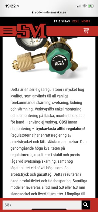 Gasregulator från AGA med justeringsknopp och manometer visas på en webbplats.