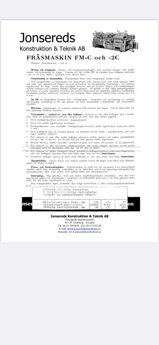 Instruktionsmanual från Jonsereds Konstruktion & Teknik AB för fräsmaskin FM-C och -2C.