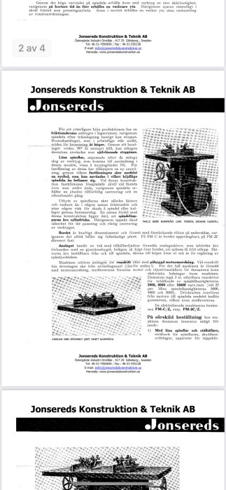 Scannad sida från Jonsereds Konstruktion & Teknik AB med information och illustrationer av vertikalfräsar.