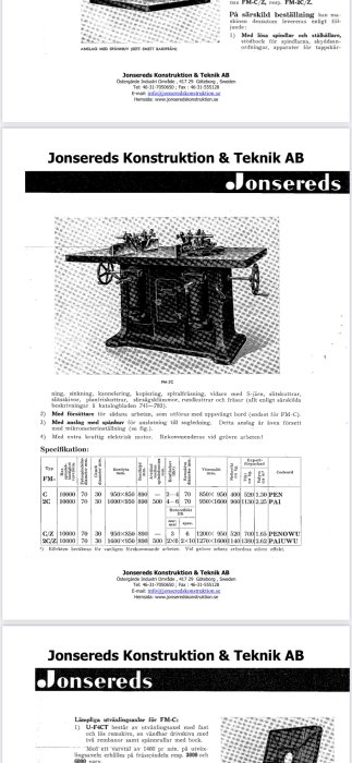 Svartvit kopia av dokument med tekniska specifikationer och bild av en gammal Jonsereds vertikalfräs.
