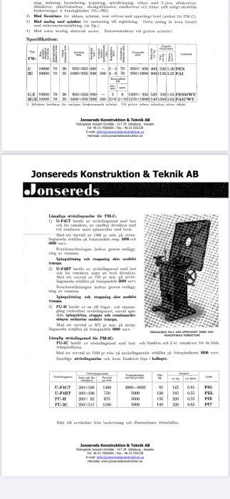 Tidningsutklipp med information och specifikationer om en Jonsereds vertikalfräs från Jonsereds Konstruktion & Teknik AB.