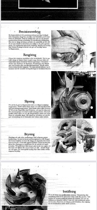 Svartvit bild av dokumentation om underhåll och användning av en Jonsered vertikalfräs, med text och illustrationer.