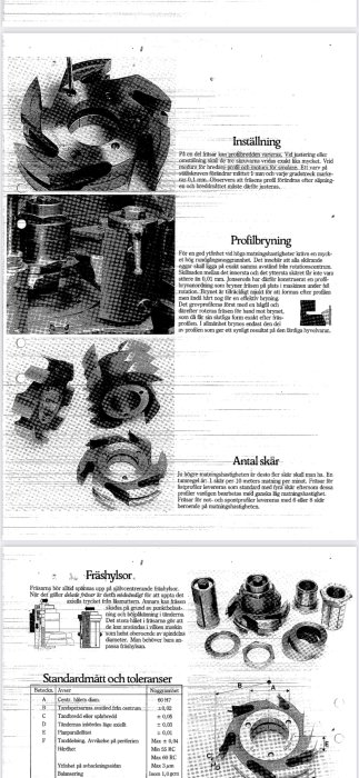 Svartvit bild av en teknisk manual med bilder av verktyg för vertikalfräsning och tabeller med mått och toleranser.