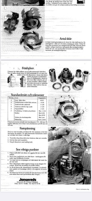 Svartvit bild av broschyrsida med teknisk information och bilder på vertikalfräs verktygsdelar och deras mät toleranser.