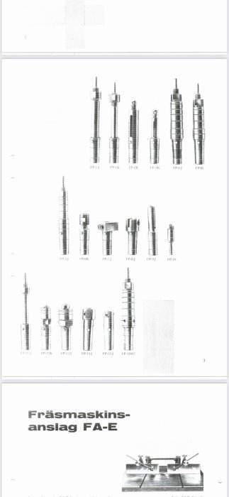 Svartvit bild på olika modeller av fräsdelar och tillbehör till Jonsered vertikalfräs.