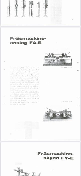 Svartvit bild på Jonsereds dokumentation av vertikalfräsens anslag FA-E och frässkydd FY-E.