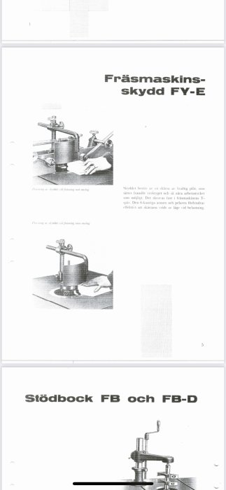 Svartvit manualillustration av fräsmaskinsskydd och stödbock för vertikalfräs med textbeskrivning.