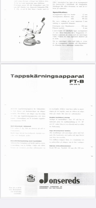 Sidor ur manual för Jonsereds vertikalfräs med tekniska specifikationer och företagets logotyp.