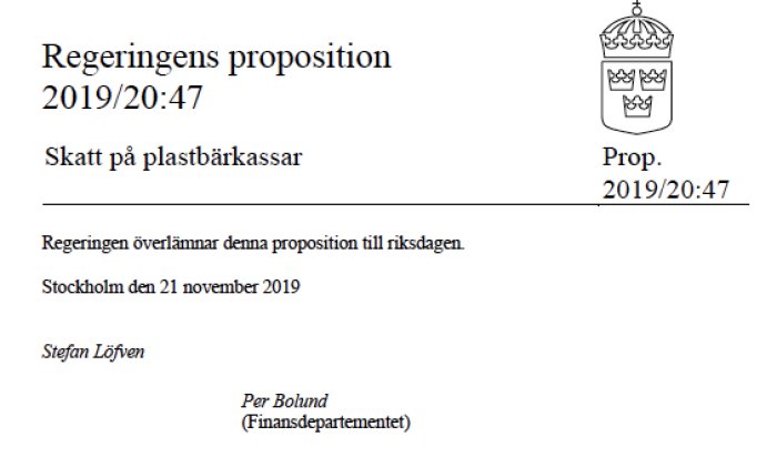 Regeringens proposition om skatt på plastbärkassar med dokumentnummer 2019/20:47.