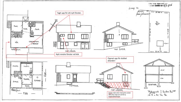 Arkitektritningar med anteckningar som visar förändringar på hus, nya fönster och dörrar.