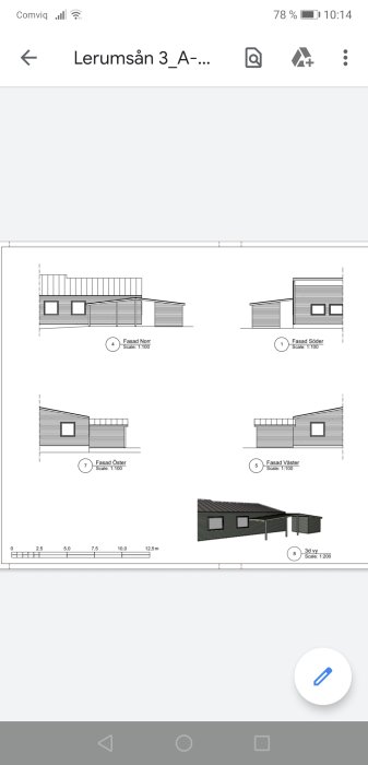 Arkitektritningar som visar olika fasader och en 3D-vy av ett husprojekt.