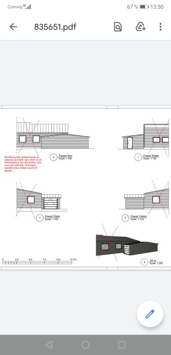 Arkitektritningar på en byggnad med fyra fasadvyer och en 3D-vy, markerat för justering av carport.