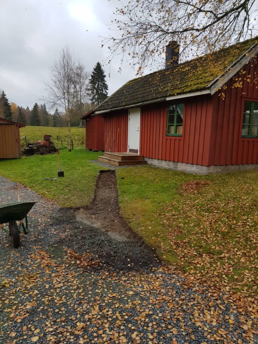 Uppgrävd mark för trädgårdskompost bakom ett rött hus med höstlöv på marken.