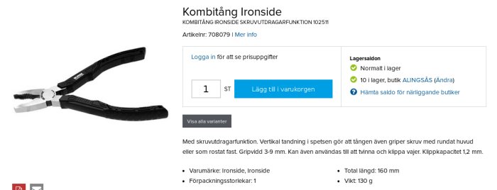 Ironside kombitång med skruvdragarfunktion på en onlinebutikssida.