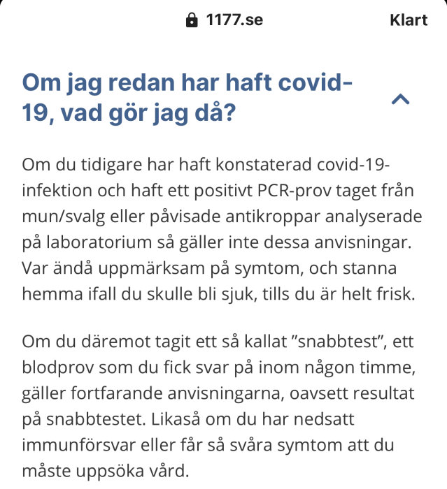 Skärmdump från 1177.se med text om råd vid tidigare covid-19 infektion.