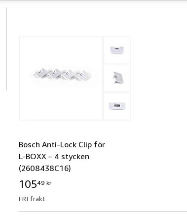 Fyra Bosch Anti-Lock clips för L-BOXX förvaringssystem på en vit bakgrund.