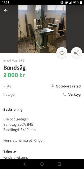 Begagnad bandsåg EJCA B45 med bladlängd 3410 mm i ett verkstadsutrymme.